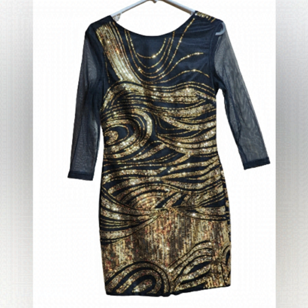 Bebe black bobycon long sleeve golden sequin mini dress size small